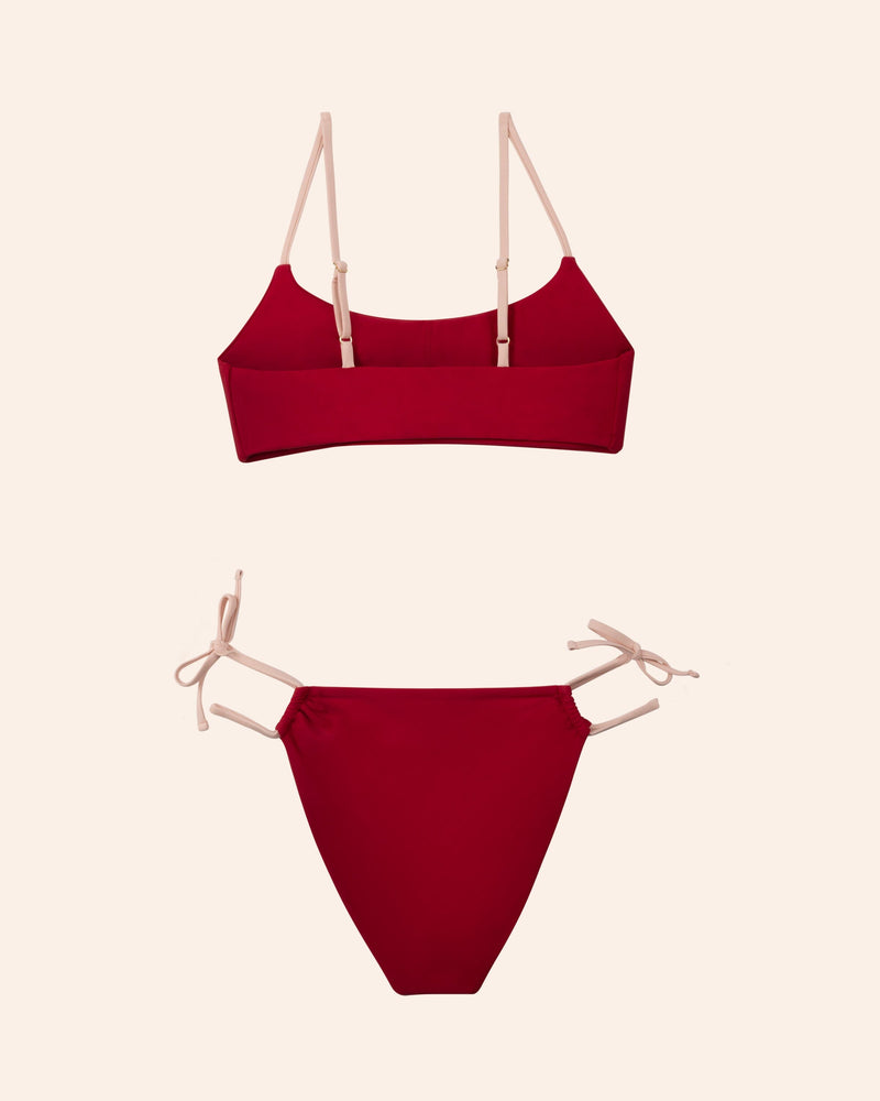 the back of a burgundy side-tie bikini