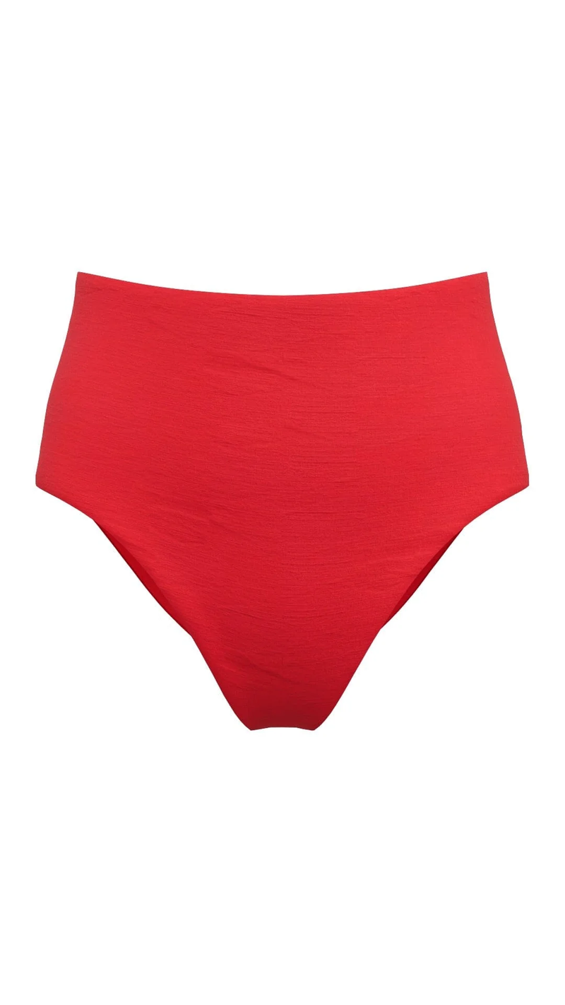 blue high-waisted bikini bottoms.