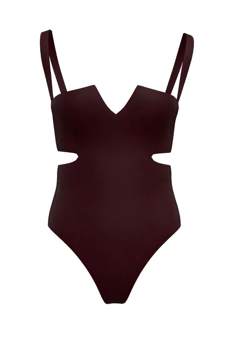 A brown side cut-out one-piece swimsuit