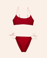 the front of a burgundy side-tie bikini