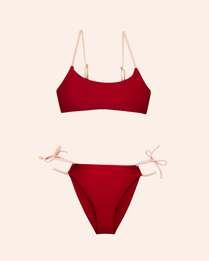 the front of a burgundy side-tie bikini