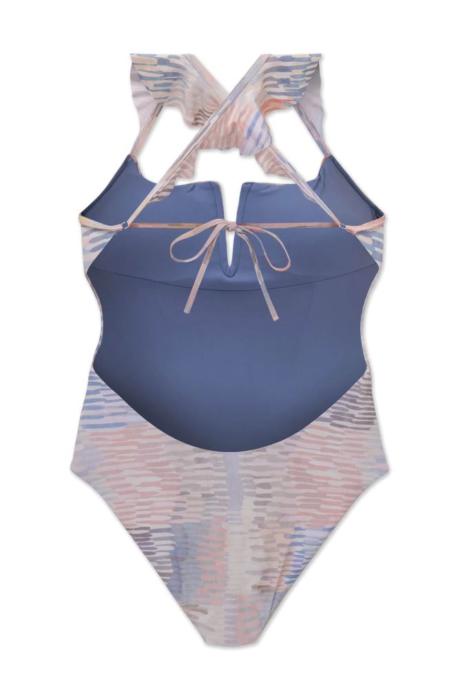 a product image of the back of a pastel one-piece swimsuit