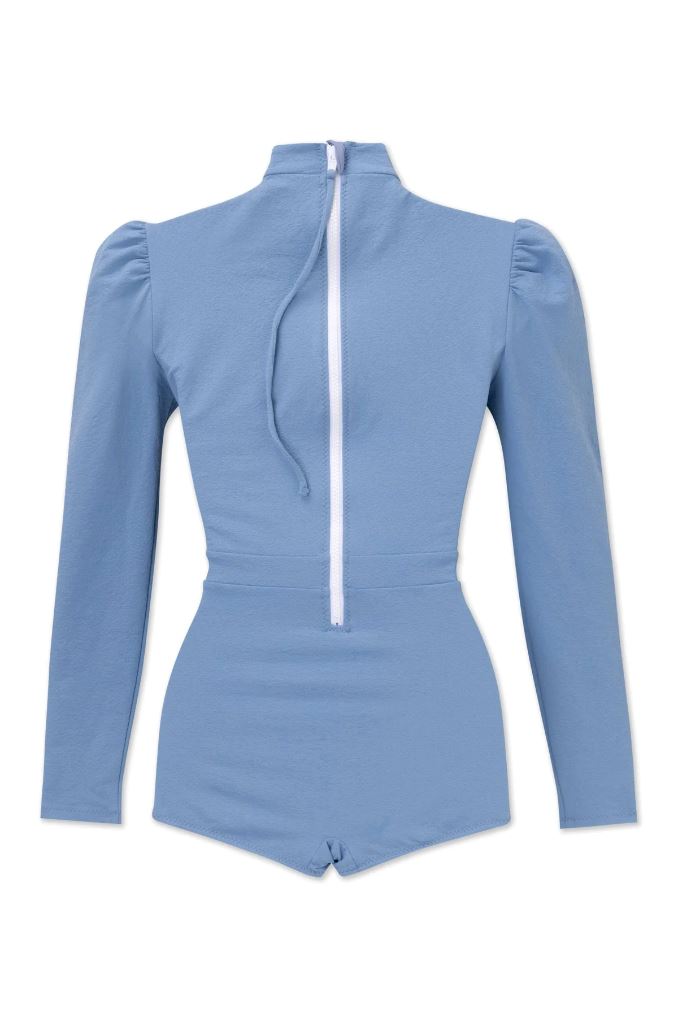 a product image of the back of a blue rash guard swimsuit