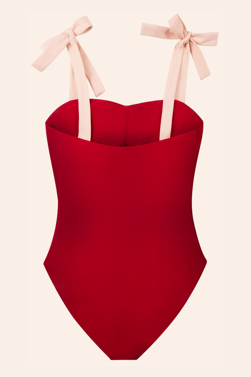 a product image of the back of a red one-piece swimsuit