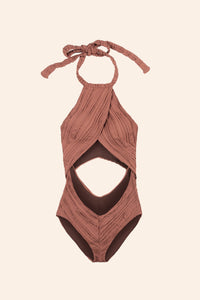 a product image of the front of a brown halter one-piece