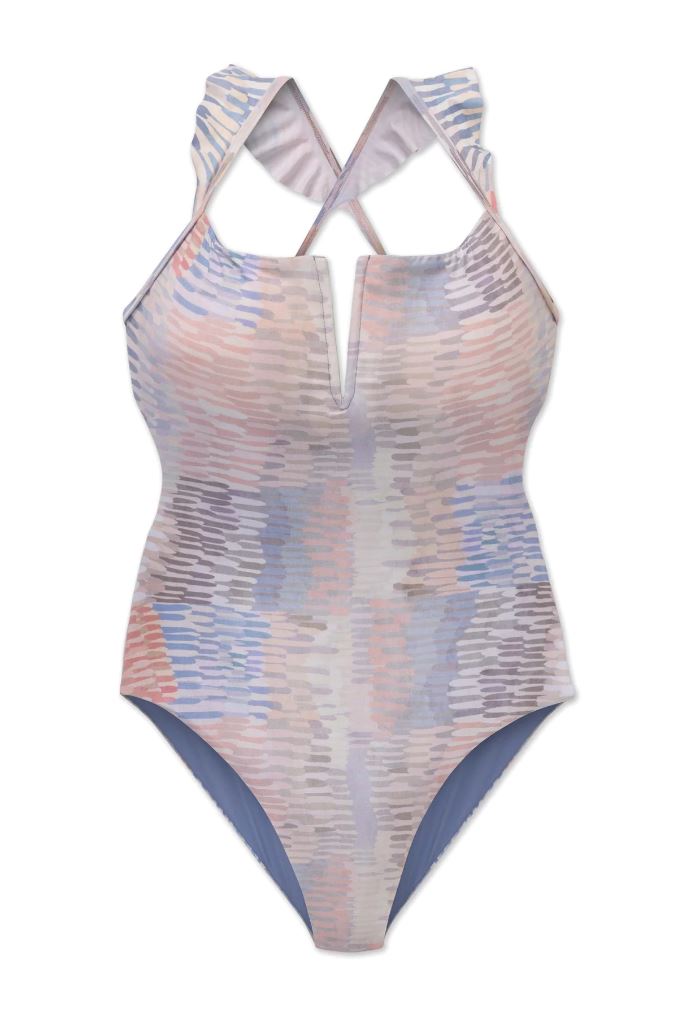 a product image of the front of a pastel print one-piece swimsuit