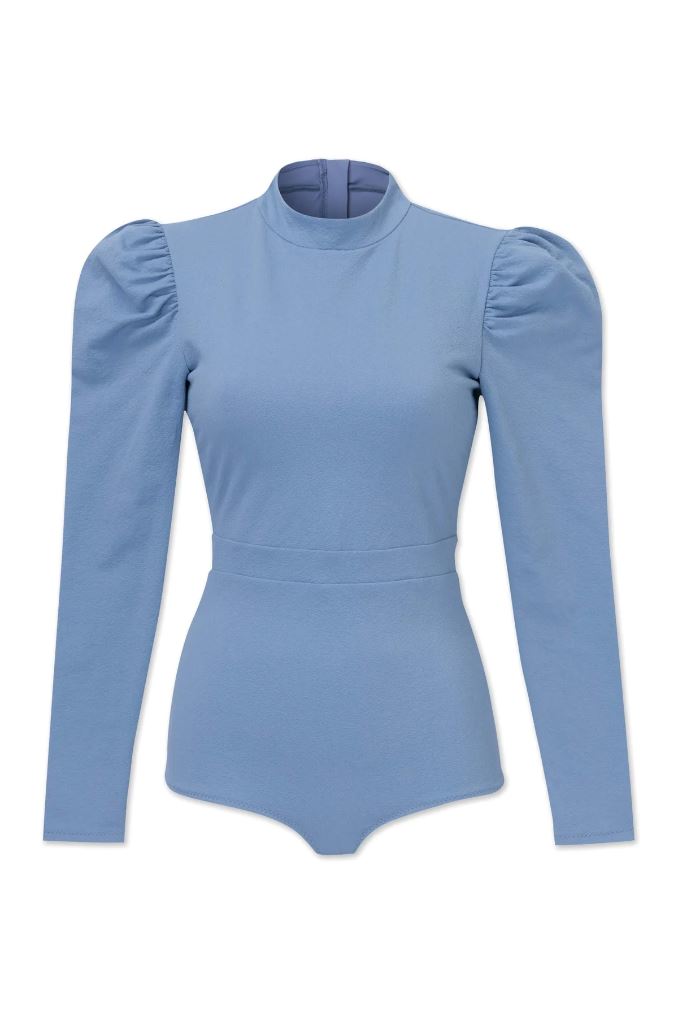 a product image of the front of a blue rash guard swimsuit