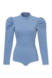 a product image of the front of a blue rash guard swimsuit