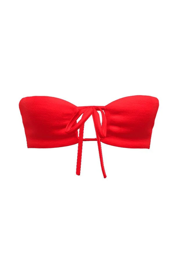 a red bandeau bikini top.